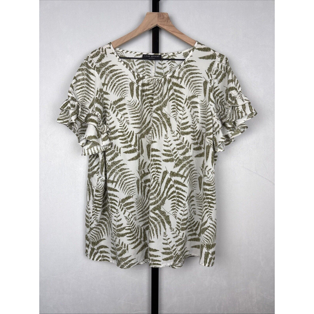 Lane Bryant Flutter-Sleeve Crew-Neck Top Blouse Sz 16 Olive Leaves Floral Whimsy